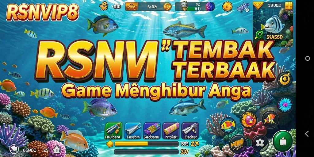 Screenshot RSNVIP8 menampilkan aksi seru menembak ikan di bawah laut.